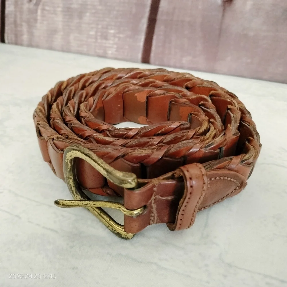 Genuine Leather Men's Brown Belt 38 Rectangular Braided With Solid Brass Buckle